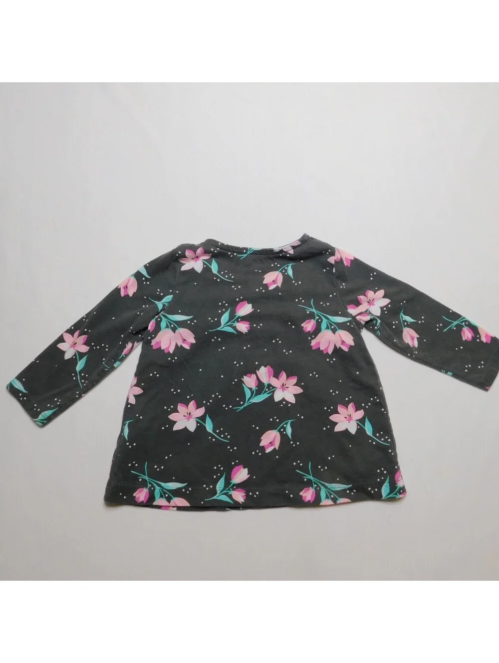 Carter's Baby Girl Long Sleeve Top Size 12M Charcoal Grey Pink Floral Ruffle Tee
